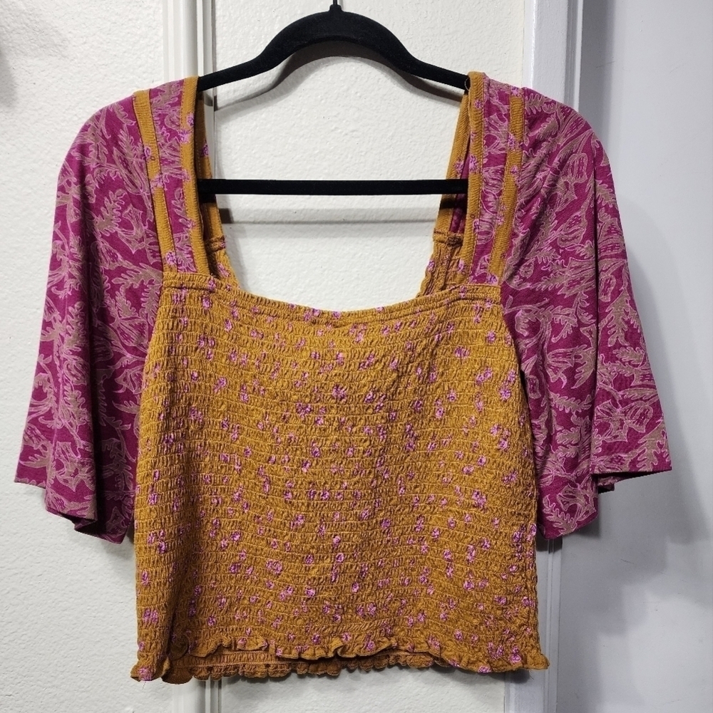 Free People Marigold Smocked Top NWT in Golden Combo L Summer Beach Festival - Picture 6 of 7